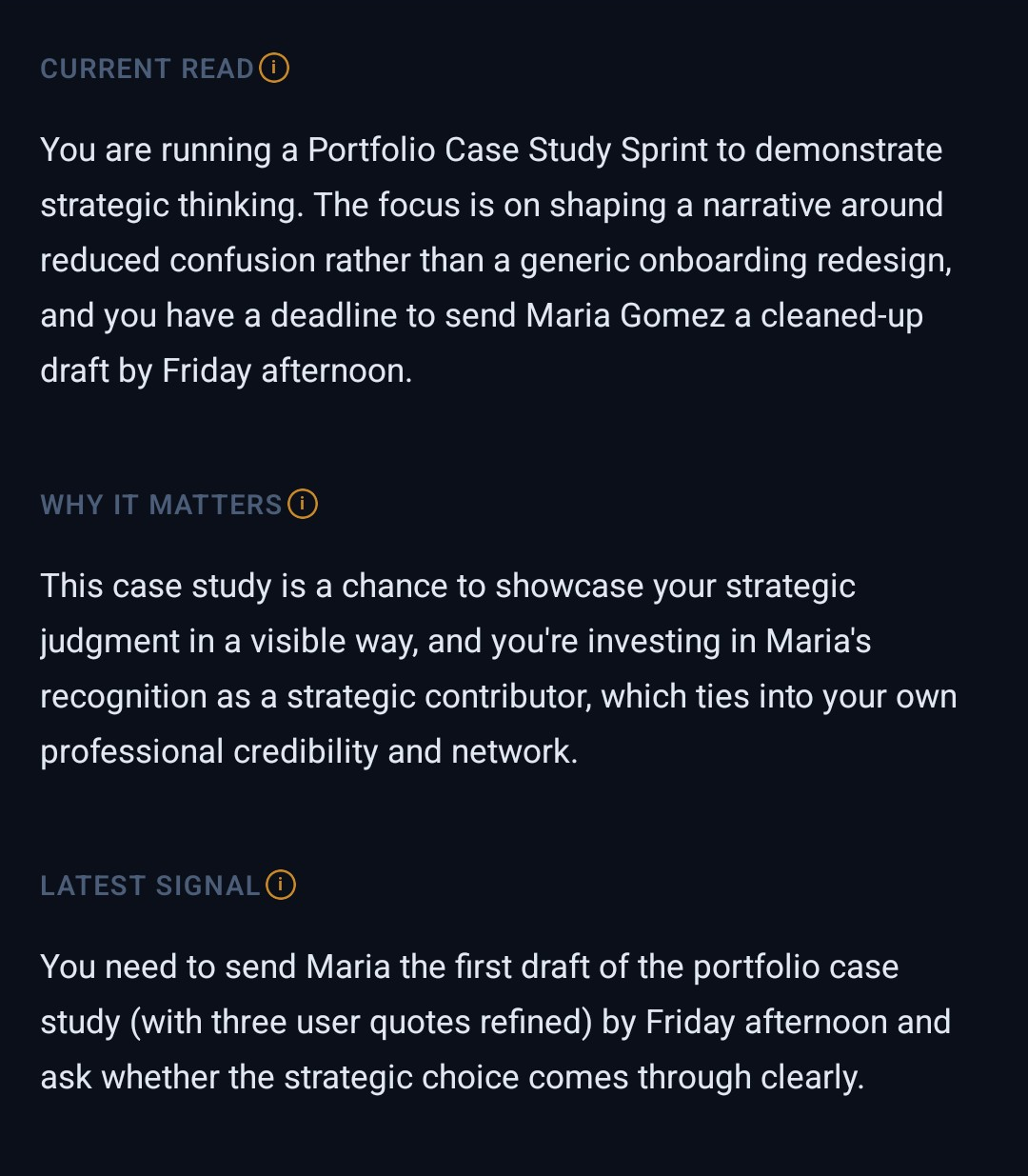 Dossier app screenshot showing remembered context and signals.