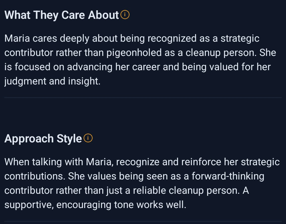 App screenshot of Maria Gomez&rsquo;s profile in Dossier, showing what she cares about and how to approach her.