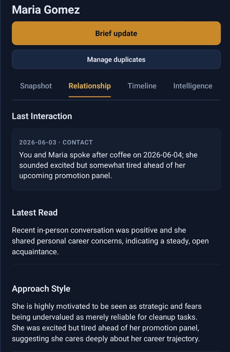 Dossier screenshot showing relationship context.