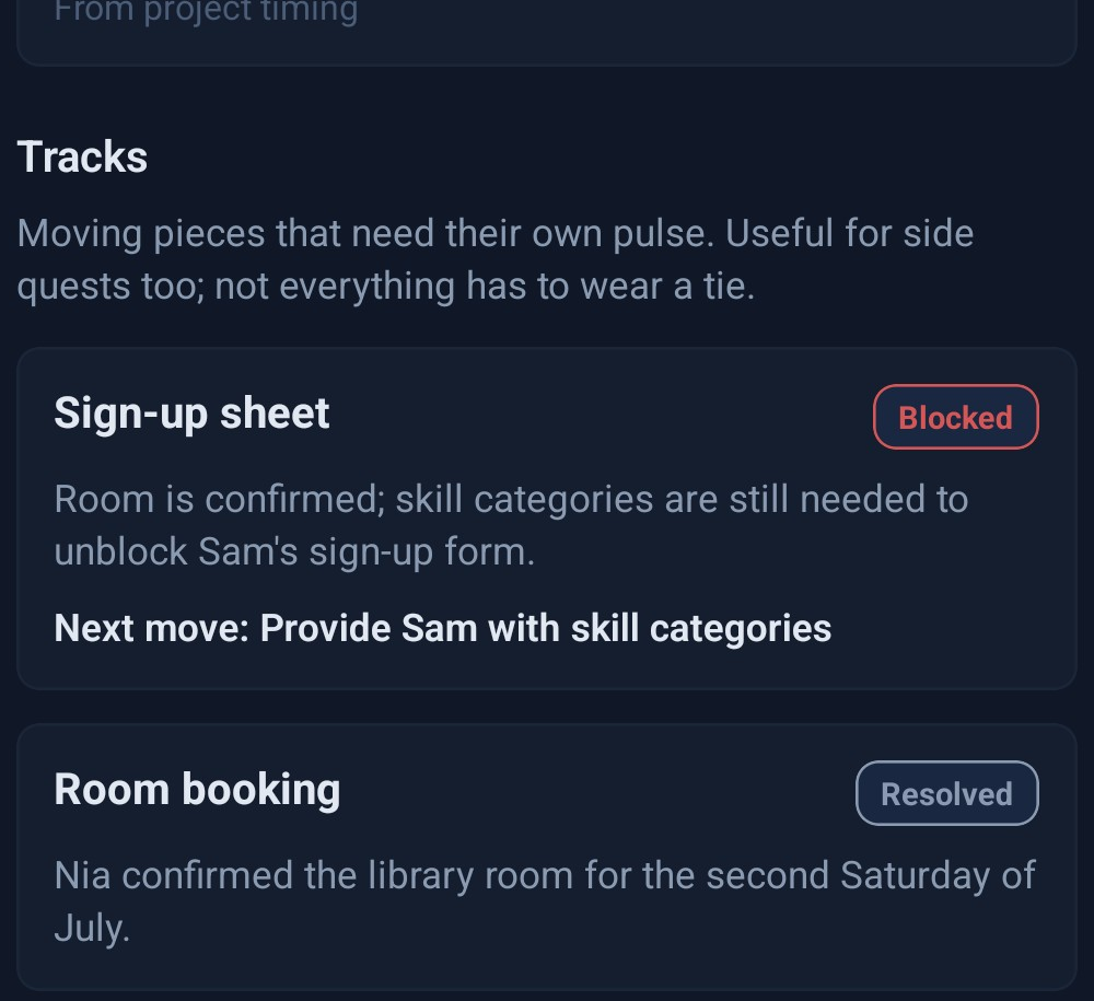 Dossier screenshot showing project tracks.